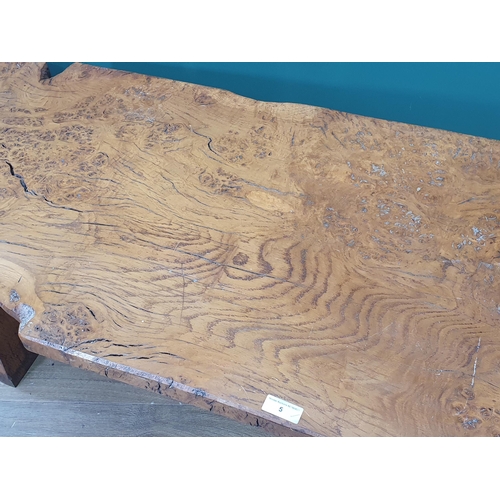 5 - A burr oak Coffee Table, the single piece top on shaped supports united by central stretcher, 1ft 6