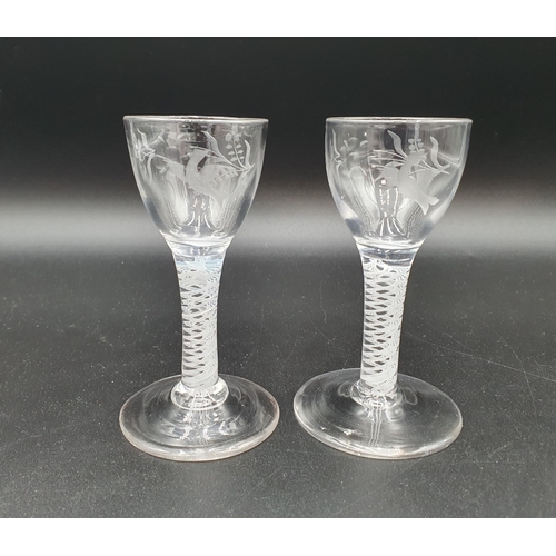 50 - A pair of 19th Century Glasses with funnel Bowls etched birds and flowers as multi series cotton twi... 