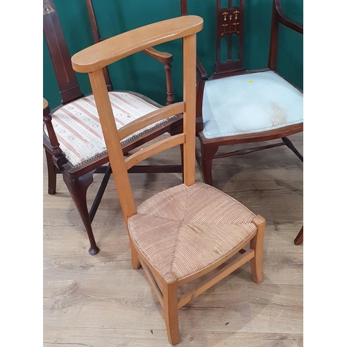 501 - Two Victorian mahogany and inlaid Elbow Chairs, a circular oak Centre Table and a low rush seated Ch... 