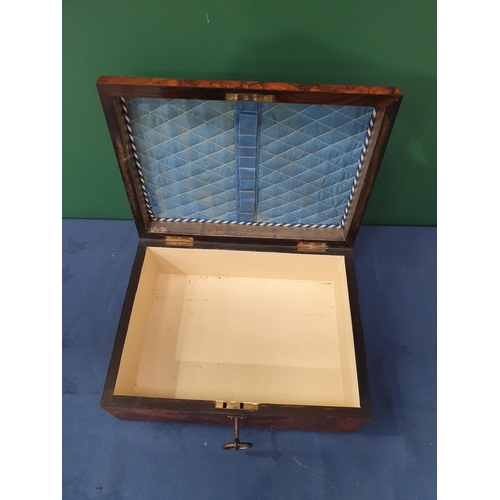 537 - A walnut veneered Sewing Box with applied brass plaque (no contents) and Key, 5