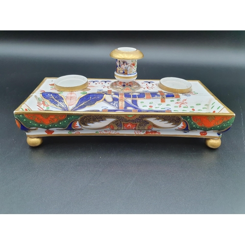 54 - A 19th Century Spode rectangular Inkstand painted Imari pattern in blue, iron red, green and gilt ra... 