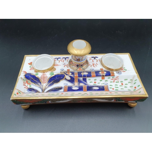 54 - A 19th Century Spode rectangular Inkstand painted Imari pattern in blue, iron red, green and gilt ra... 