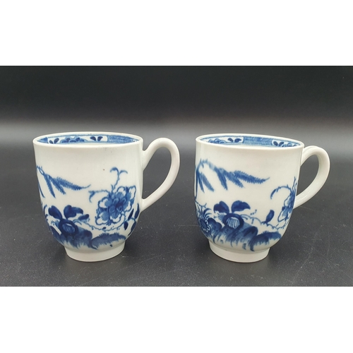 55 - Two early Worcester blue and white Tea Cups, decorated candle fence pattern, open crescent mark, sma... 