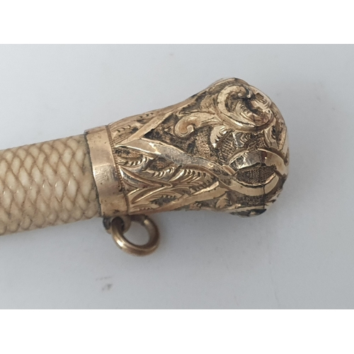 57 - A small Whip with finely engraved gilt-metal mounts, a Stick with hare finial and a quantity of plat... 