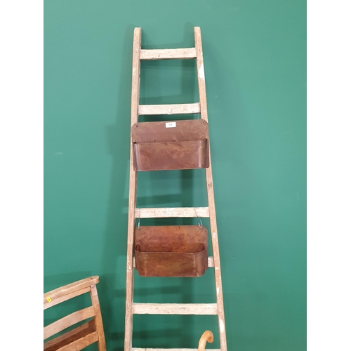 572 - A rustic pine Apple Ladder and three modern metal Wall Pockets/Planters, a set of four Chapel Chairs... 