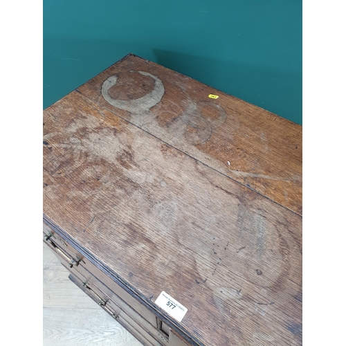 577 - A Georgian oak Chest of two short and three long drawers on ogee feet 3ft 4in W x 3ft 1in H