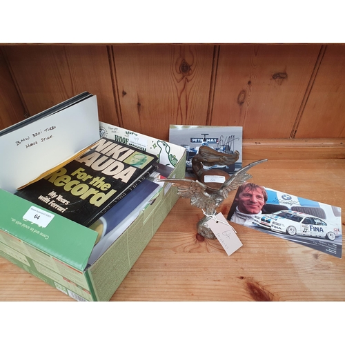 64 - A plated Eagle Car Mascot, a flying Spirit Desk Paperweight, Motoring Books, signed Photographs, etc