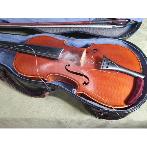 800 - A Violin with double perfling and two piece back in case with outer canvas case and another with two... 