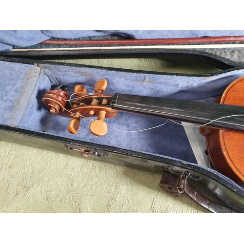 800 - A Violin with double perfling and two piece back in case with outer canvas case and another with two... 