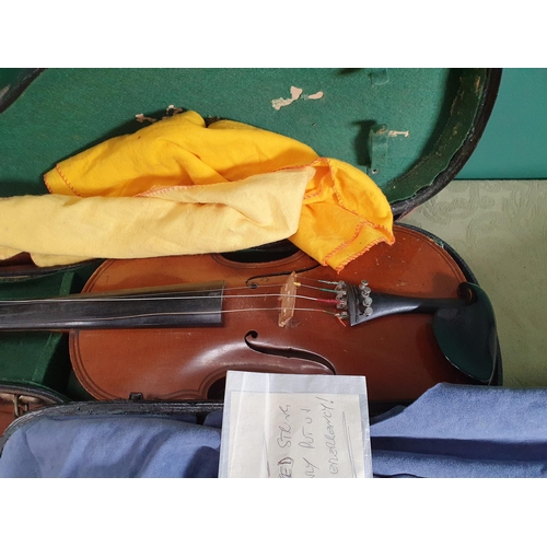 800 - A Violin with double perfling and two piece back in case with outer canvas case and another with two... 