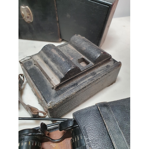 805 - A Plate Camera in fitted leather case and other old Cameras