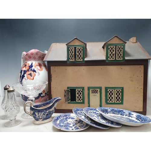 810 - A Doll's House 19in W, four blue and white Dishes/Saucers, a Sauce Boat, an Adams Toilet Jug A/F, a ... 