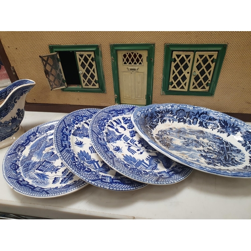 810 - A Doll's House 19in W, four blue and white Dishes/Saucers, a Sauce Boat, an Adams Toilet Jug A/F, a ... 