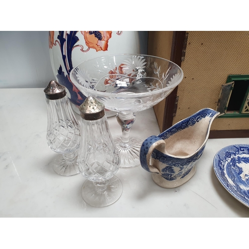 810 - A Doll's House 19in W, four blue and white Dishes/Saucers, a Sauce Boat, an Adams Toilet Jug A/F, a ... 