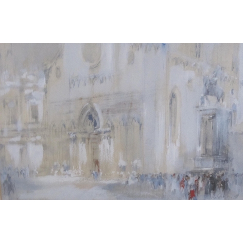 416 - J.C. Figures outside St Mark's, Venice, indistinctly signed, watercolour heightened with white, 6 x ... 