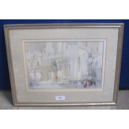 416 - J.C. Figures outside St Mark's, Venice, indistinctly signed, watercolour heightened with white, 6 x ... 