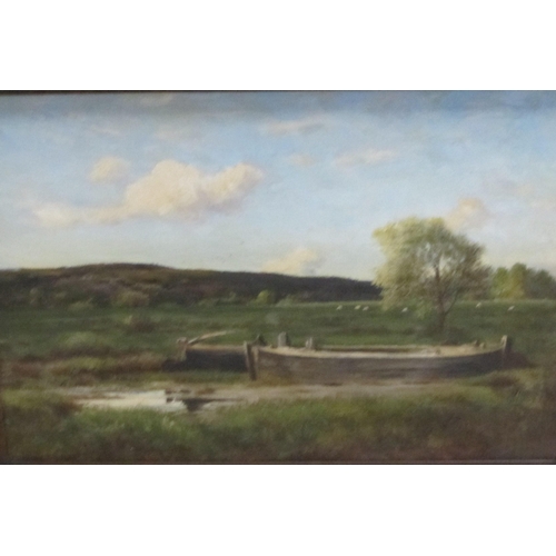 417 - CIRCLE OF JAMES PEEL. A tranquil landscape with a view over boats towards sheep grazing under trees,... 