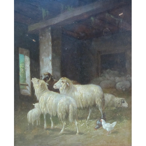 425 - ADOLPHE D. NOWEY. Sheep in a Byre, signed and dated (18)76, oil on panel, 9½ x 6½in