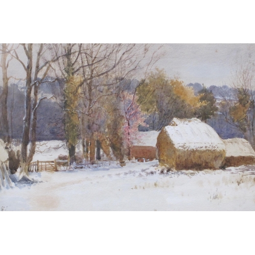 428 - RICHARD WANE. Barns at Winter-time, signed, watercolour, 9 x 15in; a watercolour by George Aikman AR... 