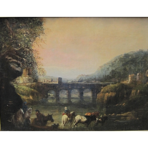 430 - MANNER OF AELBURT CUYP. A tranquil river landscape with horses and drovers, oil on canvas, 18 1/2 x ... 