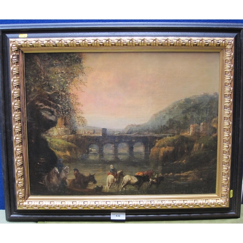 430 - MANNER OF AELBURT CUYP. A tranquil river landscape with horses and drovers, oil on canvas, 18 1/2 x ... 