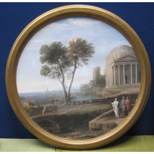 431 - AFTER CLAUDE LORRAINE. Classical landscape capriccios with figures standing before trees and buildin... 