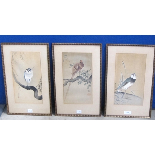 439 - CHINESE SCHOOL, 20th Century. Studies of birds on branches, watercolour, 16 x 8in; three (3)