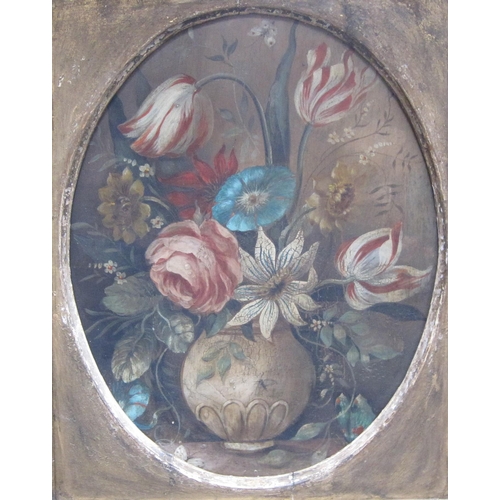 441 - CONTINENTAL SCHOOL. A Still Life of Tulips and other Flowers in a Vase, oil on board, framed as an o... 