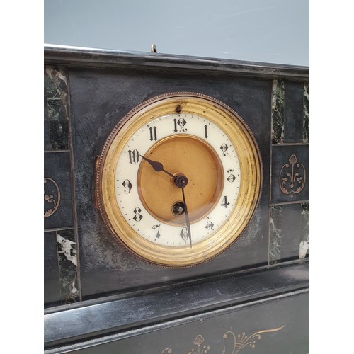 65 - An engraved black marble/slate Mantel Clock with circular dial and key, 9in H