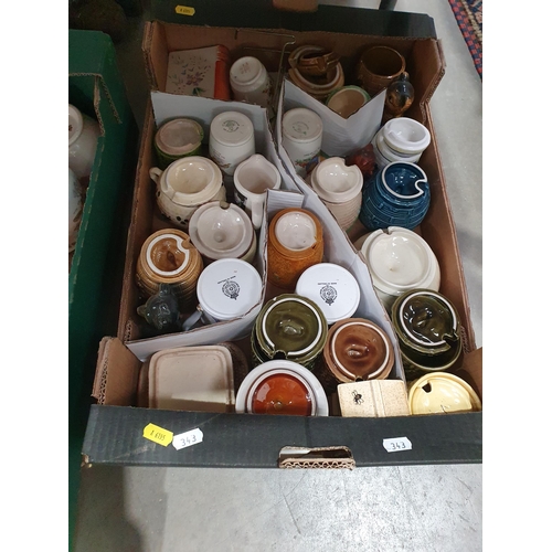 343 - Three Boxes including a collection of Honey Pots, various Mugs, Tureen etc