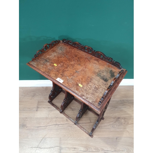 508 - A Victorian walnut veneered Side Table/Stand with carved raised gallery, with four pierced supports ... 