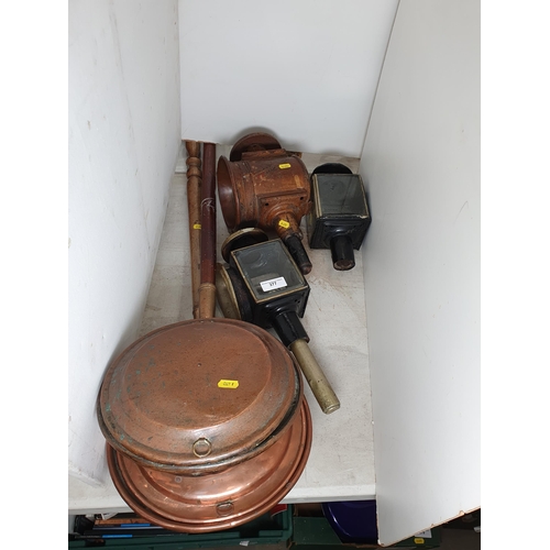 542 - Two copper Warming Pans, and three Coaching Lamps (one holder missing). (R2).