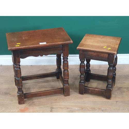 15 - Two reproduction oak Stools on turned supports, 1ft 7