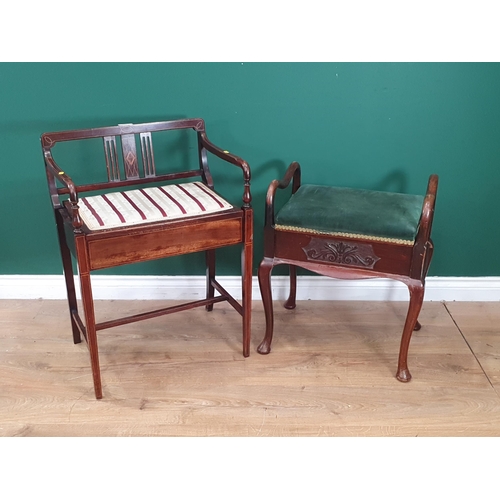 17 - A mahogany and satinwood Piano Stool with backrest on square tapered supports, and another mahogany ... 