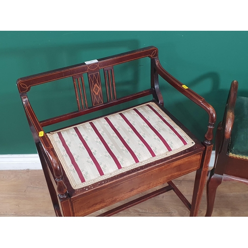 17 - A mahogany and satinwood Piano Stool with backrest on square tapered supports, and another mahogany ... 