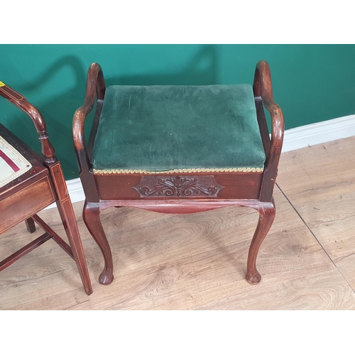 17 - A mahogany and satinwood Piano Stool with backrest on square tapered supports, and another mahogany ... 