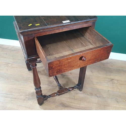 19 - A 17th Century oak Side Table with single fitted end drawer, on turned supports and stretcher, 2ft 1... 