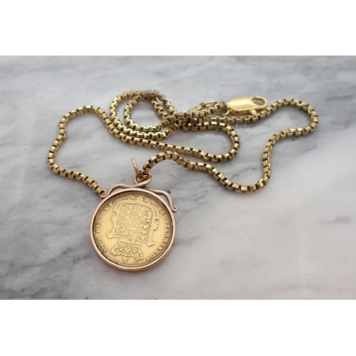 190 - A George IV Sovereign with shield back, 1829, in gold pendant mount on gilt metal box link chain