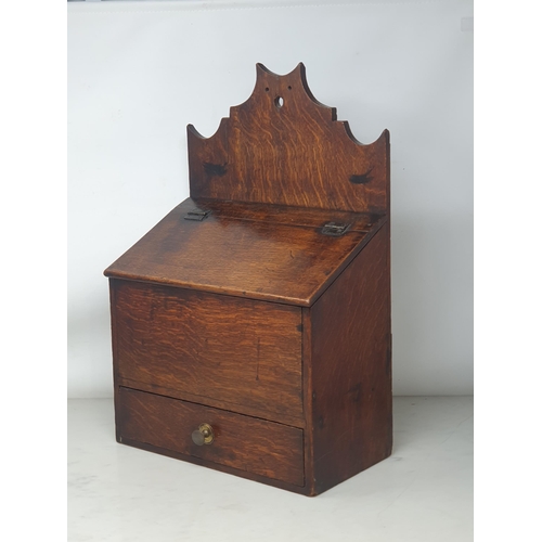 22 - An 18th Century oak Candle Box with shaped back and single fitted drawer, 1ft 6