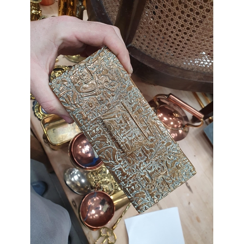 232 - A brass Box the lid fitted with lift up compartment with all over Egyptian Style symbols and figures... 