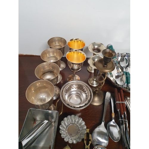 237 - A quantity of plated items including Goblets, Cutlery, etc, and a copper Warming Pan, (R6)