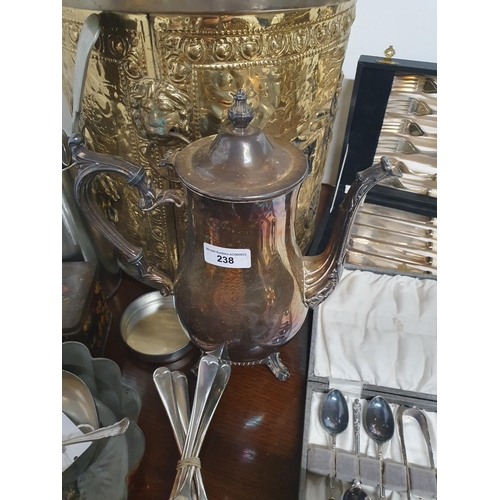 238 - An embossed brass Coal Bucket with lid, plated Cutlery, tin Money Box, etc, (R6)