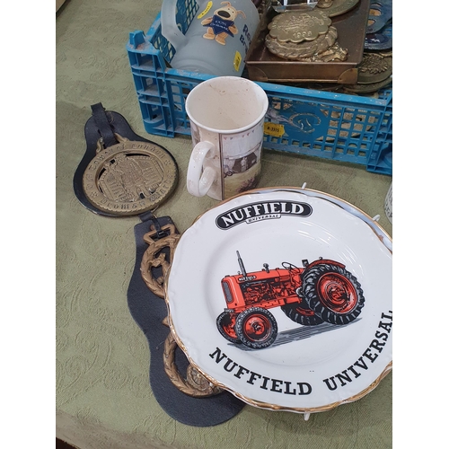 243 - Two plastic Trays containing various brasses, two Hip Flasks, an Inkwell, Plates and Mugs etc