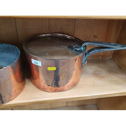 250 - A group of copper Items including Saucepans, Saucepan Covers, Jelly Mould, an Eastern brass cylindri... 