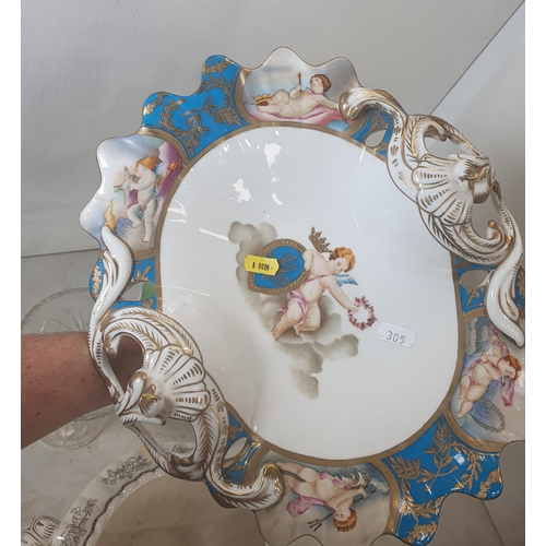 305 - A Continental Comport decorated cherubs with pierced and gilt borders, a flared Vase painted sprays ... 