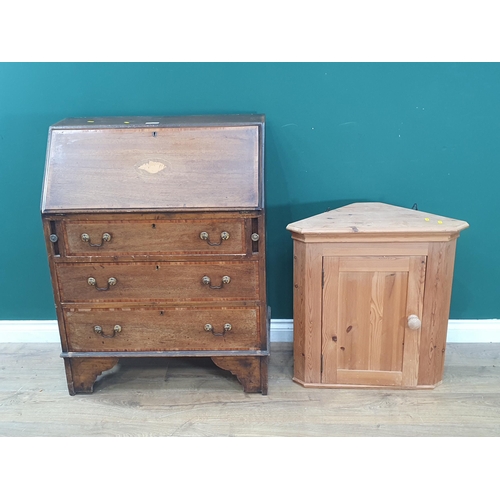 34 - An Edwardian mahogany and shell inlaid Bureau 3ft 3in H x 2ft 6in W and a pine hanging Corner Cupboa... 