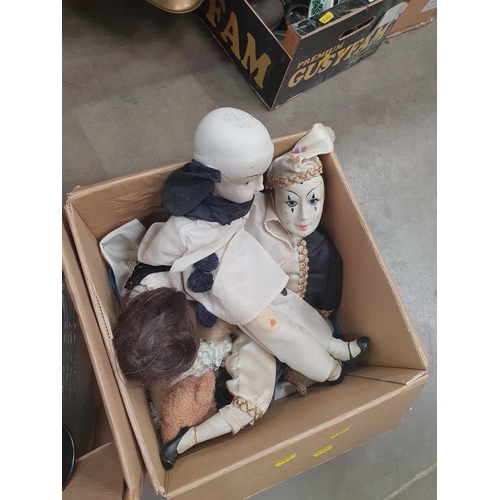 343 - A box of assorted Ceramics and Figurines and a box of Dolls. (R5).