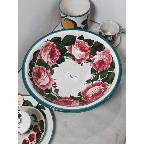 347 - A Wemyss Ware rose pattern Bowl A/F, a Wemyss T Goode & Co Storage Jar decorated with Oranges, a Wem... 