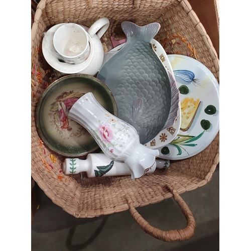 358 - Two boxes and a basket containing Plates, Vases, a Portmeirion Rolling Pin, an Eastern Fringe, Thimb... 