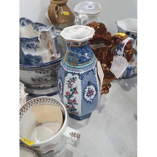 359 - A collection of mostly 19th Century pottery and porcelain including jugs, mugs and a Losolware Vase,... 